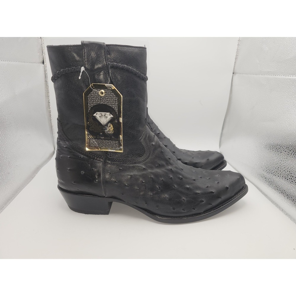 Men's Black Leather Ostrich Print Western Ankle Boots Made in Mexico Size 12.5